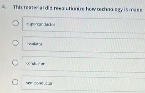 4. This material did revolutionize how technology is made
superconductor
insulator
conductor
semiconductor