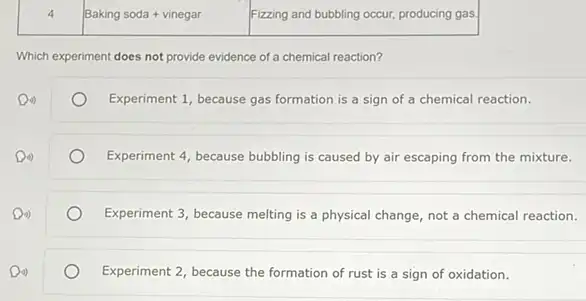 4
Which experiment does not provide evidence of a chemical reaction?
Experiment 1, because gas formation is a sign of a chemical reaction.
Experiment 4, because bubbling is caused by air escaping from the mixture.
Experiment 3, because melting is a physical change not a chemical reaction.
Experiment 2, because the formation of rust is a sign of oxidation.