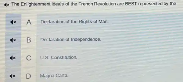 4x The Enlightenment ideals of the French Revolution are BEST represented by the
A
Declaration of the Rights of Man.
B
Declaration of Independence
C
U.S. Constitution
D
Magna Carta.