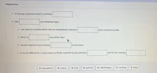 Acquisition
- Is buying a business which is already square 
Has square  and disadvantages
market which has an established customer square  and a record of profits
- there is square  risk at the start
- usually requires much money square  to purchase
- it can be difficult for a new owner to fill the void left by the previous square  and fit into existing square 
: operations
owner
less
: upfront
: advantages
: running
base