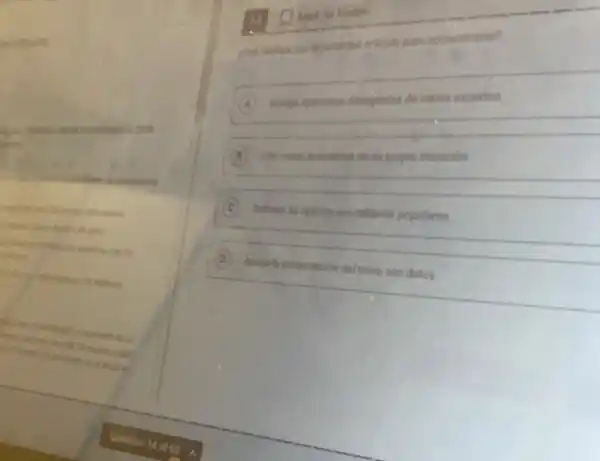 allows
exploda BBC
Derechos
(1) Mark for Review
det articulo para comunicarse?
A
Inclopo opinones divergentes de varios expertos.
B
Cita varias andedotas de su propia situación.
C Subraya su opinion con refranes populares.
D Apora la presentación del tema con datos.