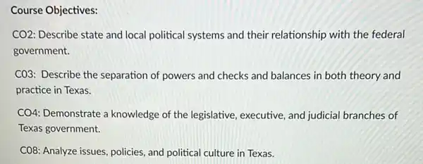 Course Objectives:
CO2: Describe state and local political systems and their relationship with the federal
government.
C03: Describe the separation of powers and checks and balances in both theory and
practice in Texas.
CO4: Demonstrate a knowledge of the legislative, executive, and judicial branches of
Texas government.
C08: Analyze issues policies, and political culture in Texas.