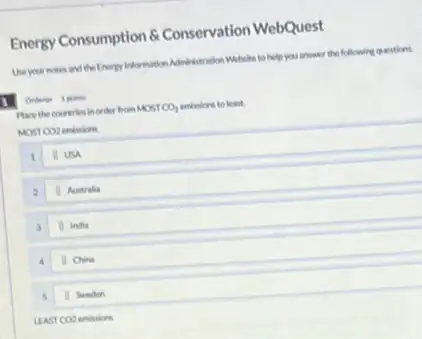 Energy Consumption 6 Conservation WebQuest
Use your notes and the Energy Information Minimistration Website to h help you answer the following questions
Place the coureries in order from MOST CO_(2) emissions to least.
MOSTCO2 eminions
II USA
Auntralia
II India
11 China
s 1 Sweden
IEASTCO2 emissions