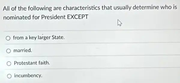 All of the following are characteristics that usually determine who is
nominated for President EXCEPT
from a key larger State.
married.
Protestant faith.
incumbency.