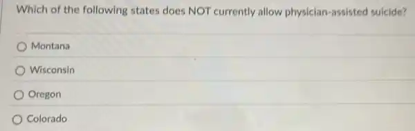 Which of the following states does NOT currently allow physician-assistec suicide?
Montana
Wisconsin
Oregon
Colorado