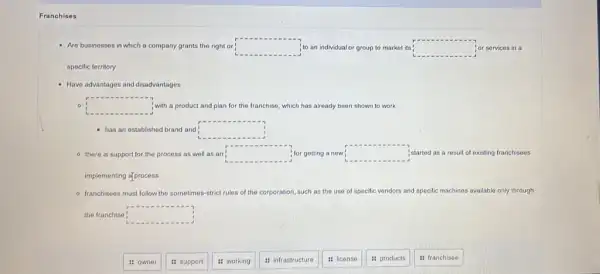 Franchises
- Are businesses in which a company grants the right or square  to an individual or group to market its square  or services in a
specific territory
- Have advantages and disadvantages
square  with a product and plan for the franchise. which h has already been shown to work
has an established brand and square 
- there is support for the process as well as an? square  for getting a new square  started as a result of existing franchisees
implementing af process
- franchisees must follow the sometimes-strict rules of the corporation, such as the use of specific vendors and specific machines available only through
the franchise square 
: owner
: support
: working
: infrastructure : license
: products
: franchisee