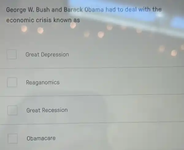 George W. Bush and Barack Obama had to deal with the
economic crisis known as
Great Depression
Reaganomics
Great Recession
Obamacare