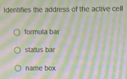 Identifies the address of the active cell
formula bar
status bar
name box