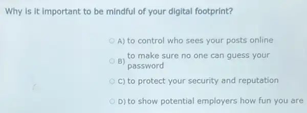 Why is it important to be mindful of your digital footprint?
A) to control who sees your posts online
to make sure no one can guess your
B)
password
C) to protect your security and reputation
D) to show potential employers how fun you are