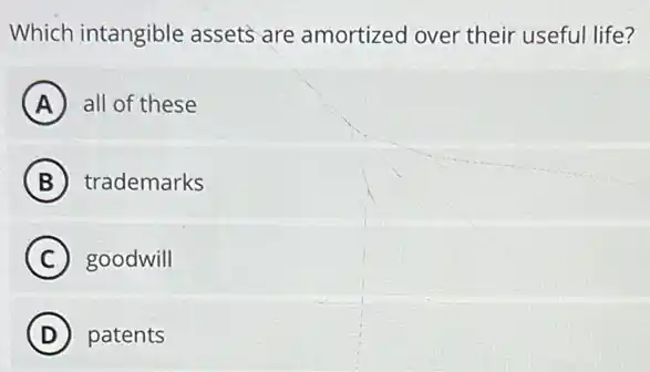 Which intangible assets are amortized over their useful life?
A all of these
B trademarks
C goodwill
D patents