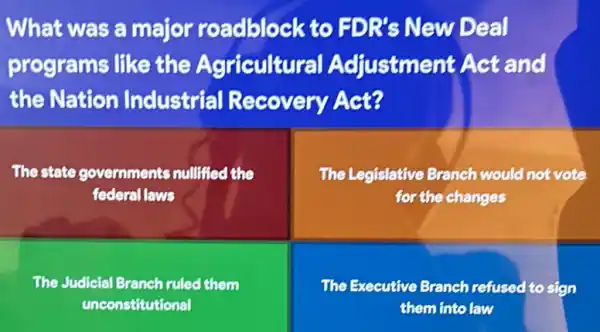 What was a major roadblock to FDR's New Deal
programs like the Agricultural Adjustment Act and
the Nation Industrial Recovery Act?
The state governments nullified the
federal laws
The Legislative Branch would not vote
for the changes
The Judicial Branch ruled them
unconstitutional
The Executive Branch refused to sign
them into law