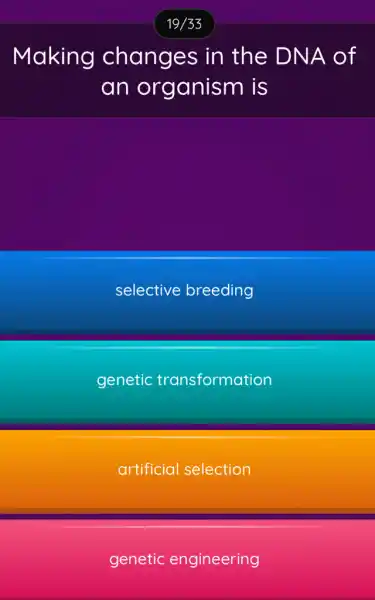 Making changes in the DNA of
an organism is
selective breeding
genetic transformation
artificial selection
genetic engineering