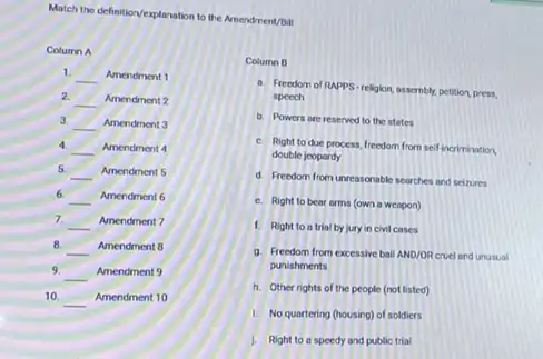 Match the definition/explanation to the Amendment/Ball
Column A
.
__ Amendment 1
2
__ Amendment 2
3 __ Amendment 3
4 __ Amendment 4
5
__
. Amendment 5
__
. Amendment 6
7
__ Amendment 7
.
__ Amendment 8
9
__ Amendment 9
10 __ Amendment 10
Column B
a. Freedom of RAPPS-religion assombly, petition, press,
speech
b. Powers are reserved to the states
c. Right to due process freedom from self-incrimination
double jeopardy
d. Freedom from unreasonable searches and seizures
e. Right to bear arms (own a weapon)
1. Right to a trial by jury in civil cases
a. Freedom from excessive ball AND/OR cruel and unosual
punishments
h. Other rights of the people (not listed)
1. No quartering (housing) of soldiers
j. Right to a speedy and public trial