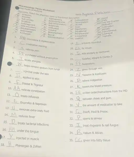 Name Ayana
cletches
Pharmacology Terms Worksheet
&Medicine
Directions: Match the pharmacy term to the correct descriptiontiosterold
Antihistamine
Corticosterold
counter
Do.
Antacids
Congestant
Anti-anxiety
__
Diuretic
Dose
__
Anti-Inflammatory
D Antibiotic
Antipyretic
expectorant
Intradermal
Sublingual
Antic oagulant
__ Antitussive
Antiviral
Anticonvuls sant
Intramuscular
Intravenous
Antlemetics
Antifungal
Bronchodilator
Buccal
AA Laxative
20.
__ by mouth
21. __
acts similarly to hormones
22. __
Sudared, Allegra 8: Claritir D
23.
__
Suppository
24.
__
given through vein
Contraindication
1. __ Oxycodone & Hydrocodone
2. __ medication warning
3. __ relieves pain
4. __ purchased without prescription
5. __ treats allergies
D. __ helps remove sputum from lungs
7. __ injected under the skin
8. __ applied to skin
9. __ Diastat &Tegretol
10. __ relieves constipation
11. __ treats influenza
12. __ Ibuprofen & Naproxen
13. __ removes extra body fluid
14. __ reduces fever
15.
__ treats bacterial infections
16. __ under the tongue
17.
__ injected in muscle
18.
__ Phenergan &Zofran
19.
__
prevents thrombus
25.
__
Tessalon &Robitussin
26.
__
relieve indigestion
27.
__
lowers the blood pressure
28.
__
written order/instructions from the MD
29.
__
between cheek and gurn
30.
__
the amount of medication to take
31.
__
Zoloft, Paxil & Prozac
32.
__ opens to airway
33.
__
treat ringworm &nall fungus
34.
__ Valium & Ativan
35.
__
given into fatty tissue