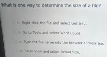 What is one way to determine the size of a file?
A) Right click the file and select Get Info
B) Go to Tools and select Word Count.
c) Type the file name into the browser address bar.
0) Go to View and select Actual Size.