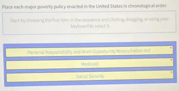 Place each major poverty policy enacted in the United States in chronological order.
Start by choosing the first item in the sequence and clicking dragging, or using your
keyboard to select it.
assessions
Personal Responsibility and Work Opportunity Reconciliation Act
Medicaid
Social Security