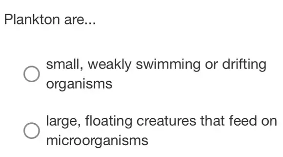 Plankton are __
small, weakly swimming or drifting
organisms
large, floating creatures that feed on
microorganisms