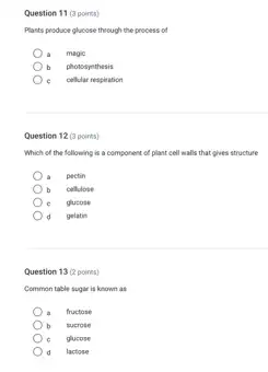 Question 11 (3 points)
Plants produce glucose through the process of
magic
b photosynthesis
e cellular respiration c
Question 12 (3 points)
Which of the following is a component of plant cell walls that gives structure
. pectin
b cellulose
e glucose
d gelatin
Question 13 (2 points)
Common table sugar is known as
. fructose
b sucrose
glucose
d lactose