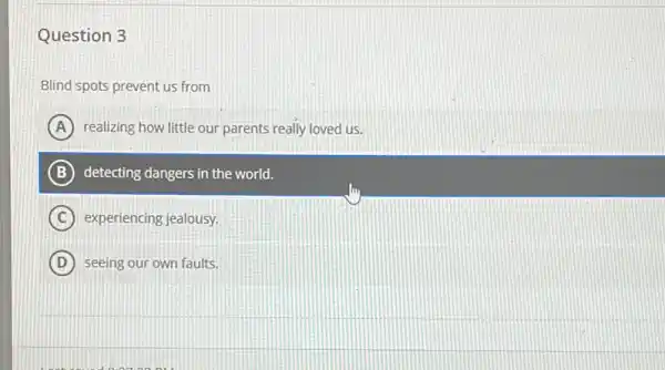 Question 3
Blind spots prevent us from
A realizing how little our parents really loved us.
B detecting dangers in the world.
C experiencing jealousy.
D seeing our own faults.