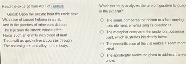 Read the excerpt from Act I of Hamlet.
Ghost: Upon my secure hour thy uncle stole,
With juice of cursed hebona in a vial,
And in the porches of mine ears did pour
The leperous distilment; whose effect
Holds such an enmity with blood of man
That swift as quicksilver it courses through
The natural gates and alleys of the body.
Which correctly analyzes the use of figurative language
in the excerpt?
The simile compares the poison to a fast-moving,
toxic element, emphasizing its deadliness.
The metaphor compares the uncle to a poisonous
plant, which illustrates his deadly intent.
The personification of the vial makes it seem more
lethal.
The apostrophe allows the ghost to address the evi
uncle.