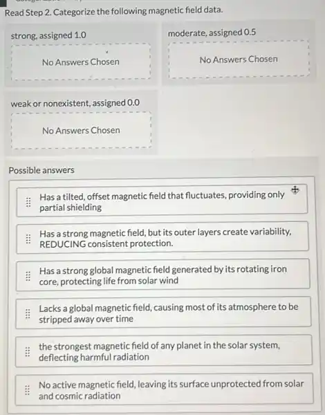 Read Step 2. Categorize the following magnetic field data.
strong, assigned 1.0
No Answers Chosen
weak or nonexistent,assigned 0.0
No Answers Chosen
moderate, assigned 0.5
No Answers Chosen
Possible answers
: Has a tilted, offset magnetic field that fluctuates, providing only
partial shielding
Has a strong magnetic field but its outer layers create variability,
REDUCING consistent protection.
Has a strong global magnetic field generated by its rotating iron
core, protecting life from solar wind
Lacks a global magnetic field, causing most of its atmosphere to be
stripped away over time
the strongest magnetic field of any planet in the solar system,
deflecting harmful radiation
No active magnetic field leaving its surface unprotected from solar
and cosmic radiation