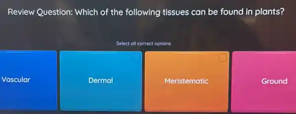 Review Question: Which of the following tissues can be found in plants?
Select all correct options
Vascular
Dermal
Meristematic
Ground