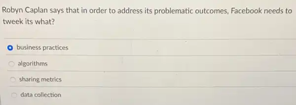 Robyn Caplan says that in order to address its problematic outcomes Facebook needs to
tweek its what?
business practices
algorithms
sharing metrics
data collection