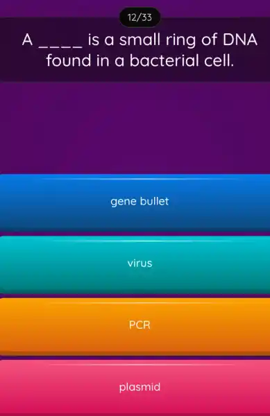 A __ __ is a small ring of DNA __
found in a bacterial I cell.
gene bullet
virus
PCR
plasmid