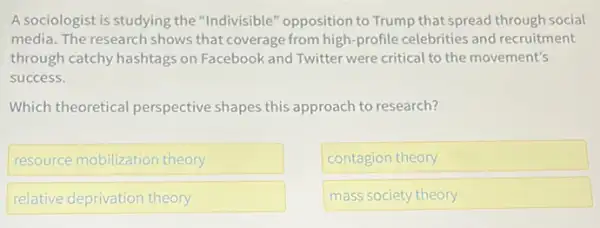 A sociologist is studying the "Indivisible" opposition to Trump that spread through social
media. The research shows that coverage from high profile celebrities and recruitment
through catchy hashtags on Facebook and Twitter were critical to the movement's
success.
Which theoretical perspective shapes this approach to research?
resource m mobilization theory
contagion theory
relative deprivation theory
mass society theory