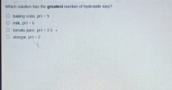 Which solution has the greatest number of hydroxide ions?
baking soda, pH=9
milk pH=6
tomato juice, pH=3.5 A
vinegar, pH=2