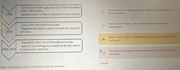 Tennis Court Oath signed by 576 of 577 members
of the Third Estate.
1789	Bastille prison in Paris is seized by French citizens
Louis XVIII removed from power.
Napoleon Bonaparte claims himself the emperor
1804	of France.
Napoleonic Wars occur throughout Europe.
Spanish and Portuguese stationed abroad return
1804-1815 to help home countries.
Which of the following would immediately follow the sequence?
The Declaration of Independence was drafted by Thomas Jefferson in
Colonial America
Alded by Simon Bolivar,parts of South America achieved their
Independence.
C
revolution."
Relgn of Terror begins by Robesplerre, executing the "enemies of the
King James II of England was executed to bring an end to the Glorious
Revolution.