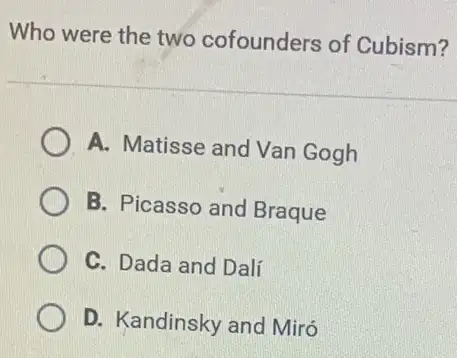 Who were the two cofounders of Cubism?
A. Matisse and Van Gogh
B. Picasso and Braque
C. Dada and Dali
D. Kandinsky and Miró