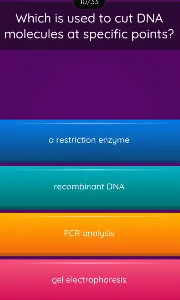 . Which is used to cut DNA
molecules at specific points?
a restriction enzyme
recombinant DNA
PCR analysis
gel electrophoresis