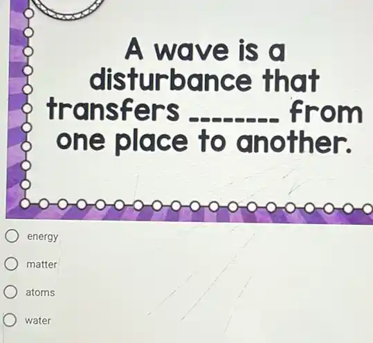 A wave is o
disturbance that
transfers __ from
one place to another.
energy
matter
atoms
water