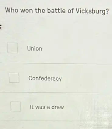 Who won the battle of Vicksburg?
Union
Confederacy
It was a draw